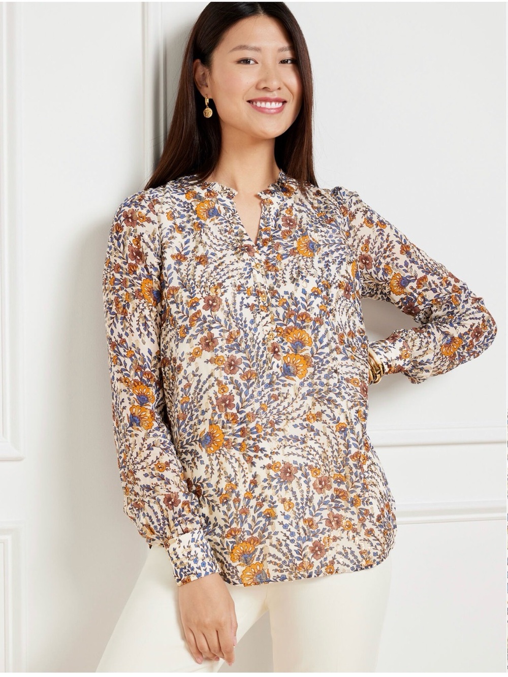Talbots Ruffle Split Neck Top Lush Floral XL Half Button Gold Metallic Long Slv